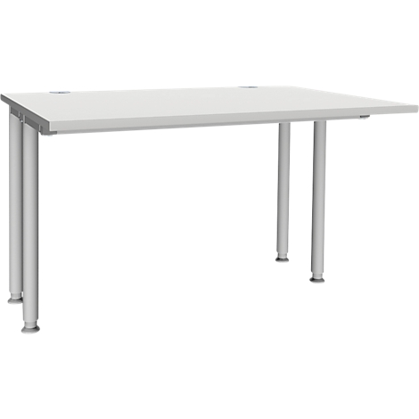 Escritorio blanco con patas plateadas, sobre un fondo neutro.