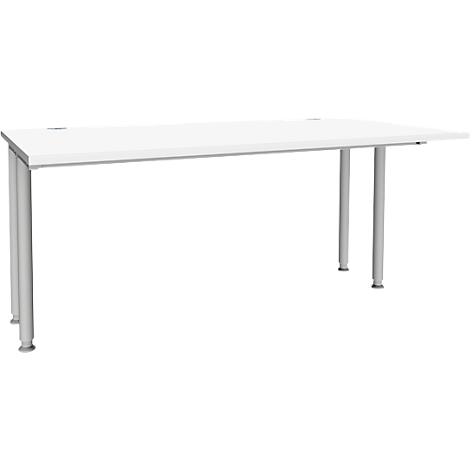 Escritorio blanco con patas plateadas sobre fondo blanco.