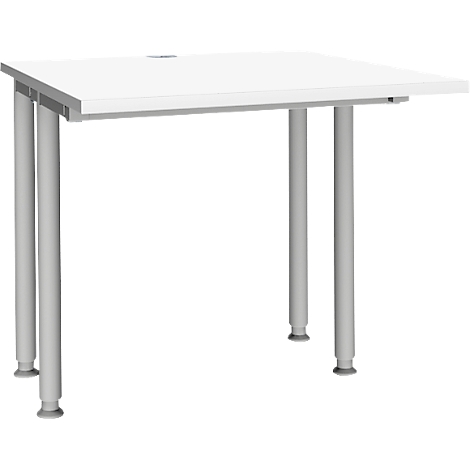 Una mesa cuadrada y blanca con cuatro patas cilíndricas grises. Se puede ver una pequeña abertura en la parte superior de la mesa.