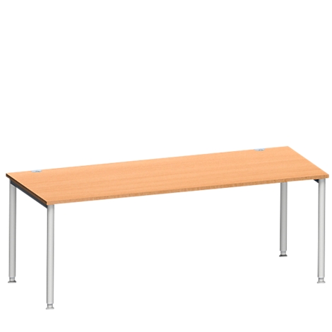 Una mesa rectangular con aspecto de madera clara y patas metálicas. La tapa de la mesa es de color marrón claro, las patas grises.