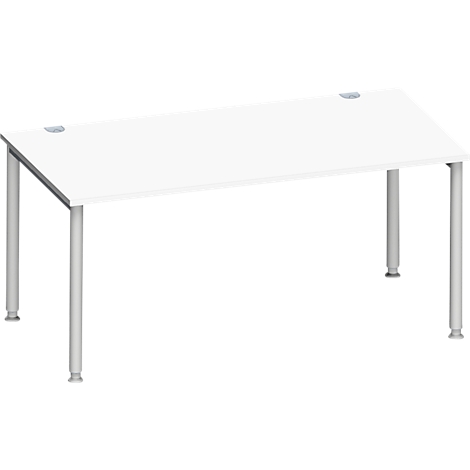 Escritorio blanco con patas plateadas y puertos para cables.