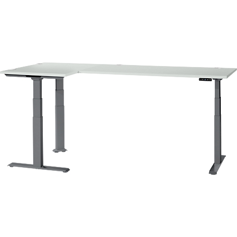 A white, height-adjustable corner desk with a gray frame. On the side controls for height adjustment.
