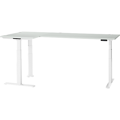 White, height-adjustable L-shaped desk. The table top and frame are white. There is a control panel on the right.