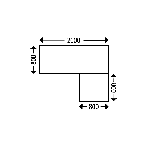 Top view of a corner desk with dimensions. The long side is 2000 mm long and 800 mm wide, the short side is 800 x 800 mm.