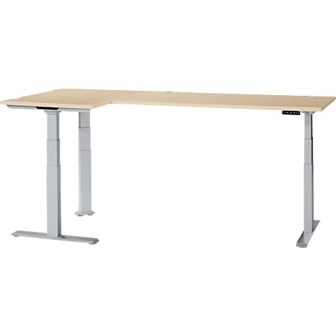 Light brown corner desk, adjustable height. Gray frame, control panel.