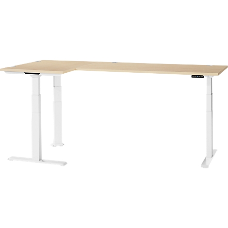 A light wooden corner desk with white height-adjustable legs and control panel.