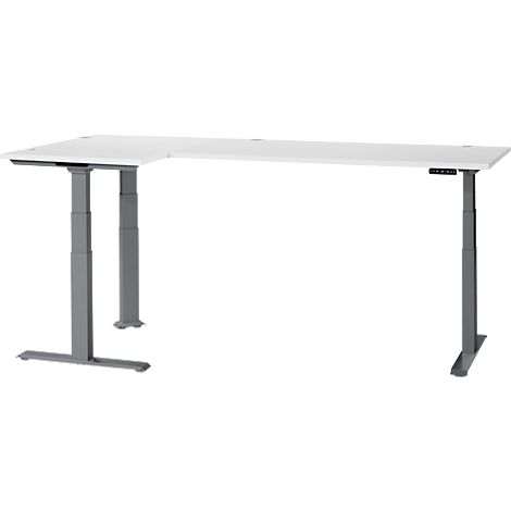 A white, height-adjustable corner desk with gray legs. The control panel is on the right.