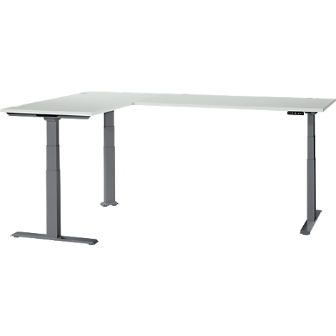 L-shaped desk, white, with height-adjustable gray metal legs. A control panel is on the right side.