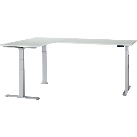 A white, height-adjustable corner desk. The desk has two legs, a control panel and an L-shape.