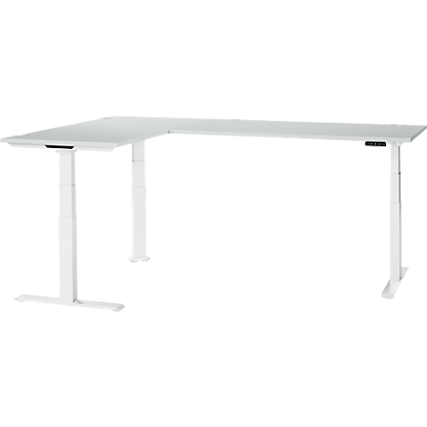 A white, height-adjustable corner desk. The tabletop is light gray, the legs are white. Control panel for height adjustment.