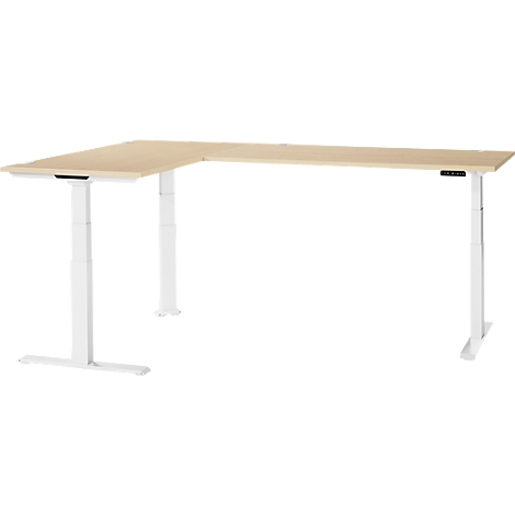 A corner desk with a light brown table top and white legs. The table height is adjustable. There is a control panel on the edge.