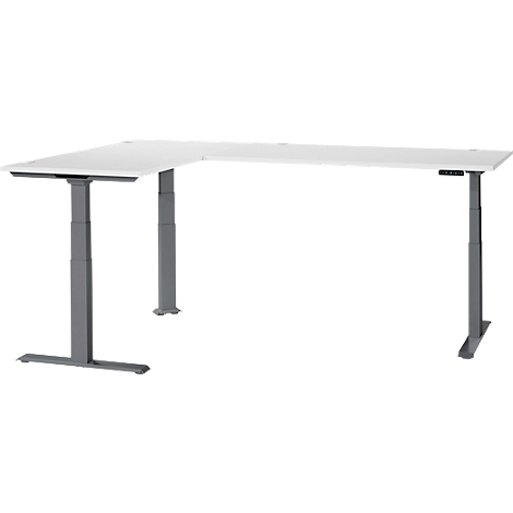 A white corner desk with gray height-adjustable legs.