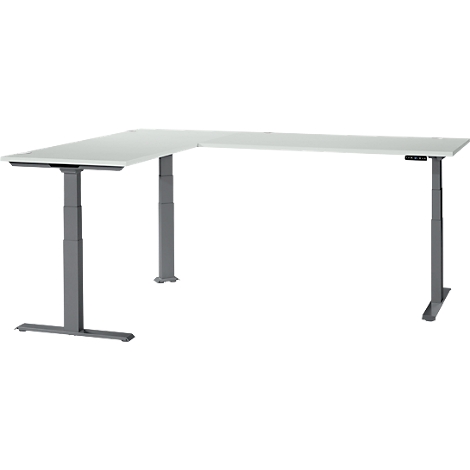 A white, L-shaped desk with height-adjustable, gray legs. There is a control panel on the right.