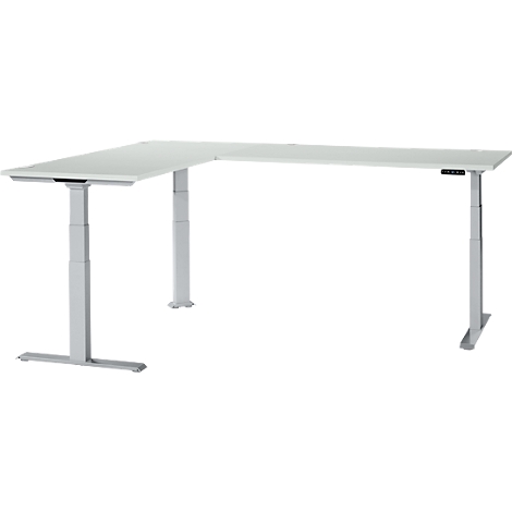 A white corner desk, height-adjustable, against a white background. The legs are gray and the tabletop white.