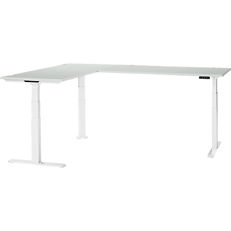 A white, height-adjustable corner desk, arranged in an L-shape, against a white background.