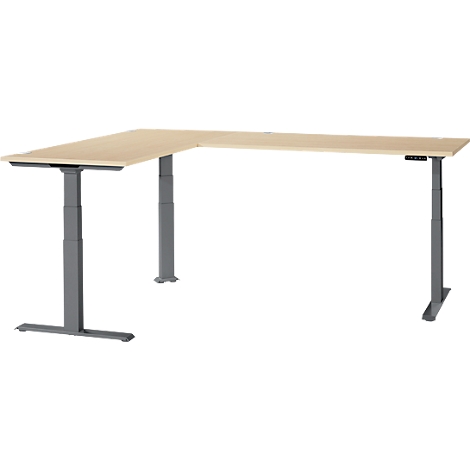 An L-shaped desk with height-adjustable gray legs and a light wood top. There are controls on the right.