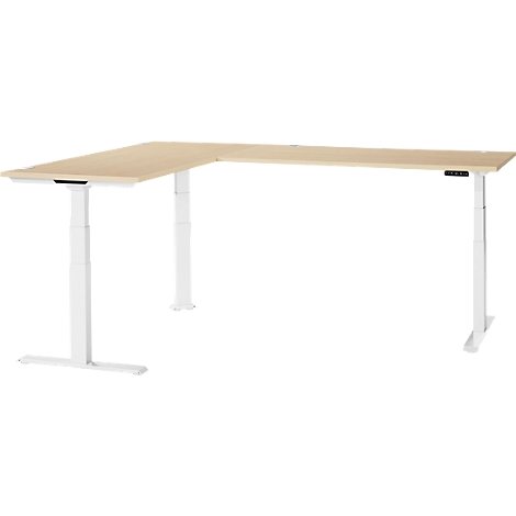 A light brown corner desk with height-adjustable white legs stands against a white background.