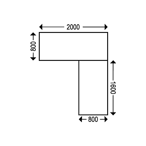 Top view of an L-shaped desk with measurements. The long side measures 2000 x 800, the short side 800 x 1600 millimeters.