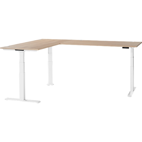 A corner desk with a light brown tabletop and white height-adjustable legs. The rectangular tabletop forms an L shape.