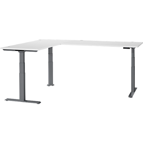 White, height-adjustable corner desk with gray legs, on the left side. The desk has a gray control unit.