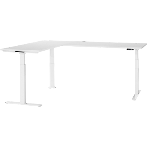 White corner desk with height-adjustable legs. There is a control for height adjustment on the side.