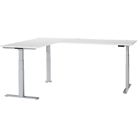 A white, height-adjustable corner desk against a white background. The desk has two legs on the left and a single leg on the right.