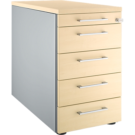 Un pedestal móvil estrecho, gris y beige, con cinco cajones y tiradores metálicos.