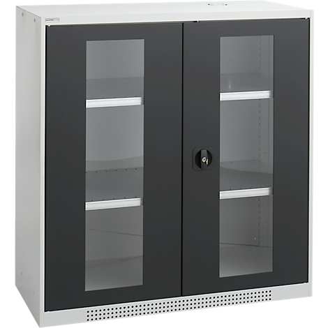 Gabinete con dos puertas, marcos negros y ventanas de vidrio. Un mango está en el centro.
