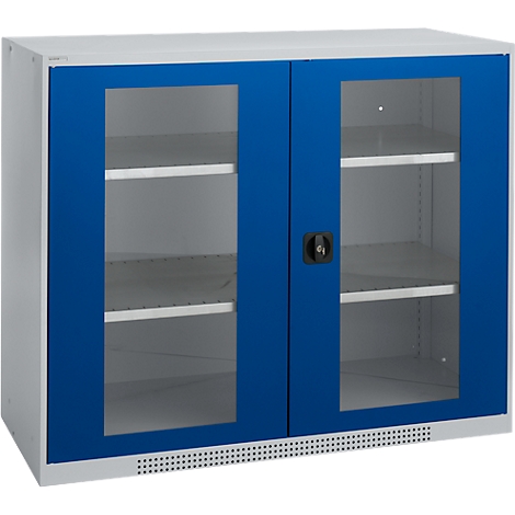 Armario con dos puertas de vidrio. Marcos azules, cuerpo gris, manija negra, estantes blancos.
