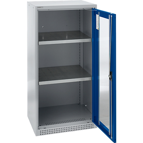 Armario de acero abierto con tres estantes. La puerta es azul, el cuerpo gris claro.