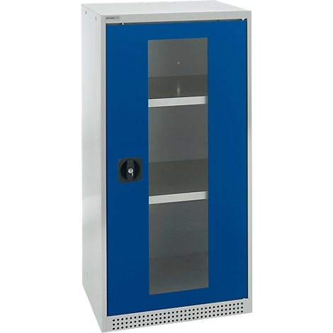 Armario blanco, azul y gris, puerta de cristal, tirador negro.