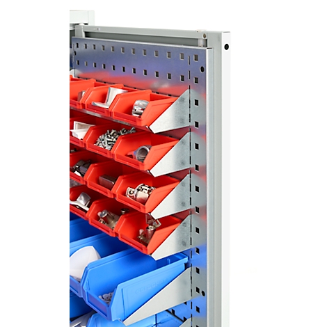 Une étagère de rangement avec des bacs en plastique rouges et bleus remplis de diverses petites pièces.