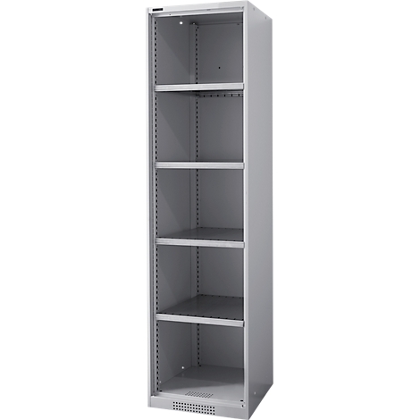 Armoire métallique grise avec six étagères. L'armoire est debout.