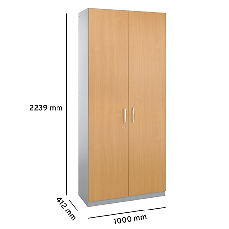 Armoire marron clair à deux portes, poignées argentées et serrure. Les dimensions sont indiquées.