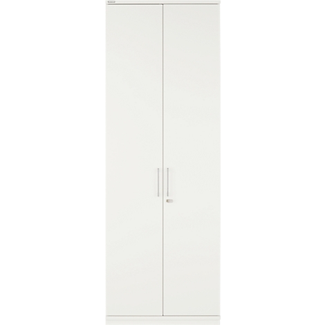 Armoire blanche à deux portes, poignées argentées et trou de serrure.