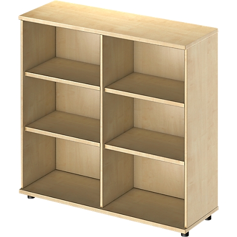 Armoire en bois brun clair avec six compartiments, quatre pieds et des coins arrondis.