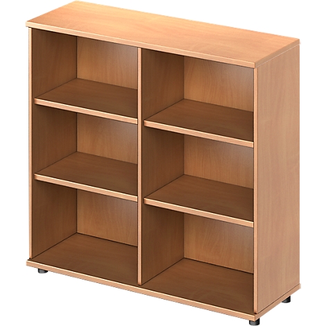 Étagère brun clair à six compartiments, pour le rangement dans le salon ou le bureau.