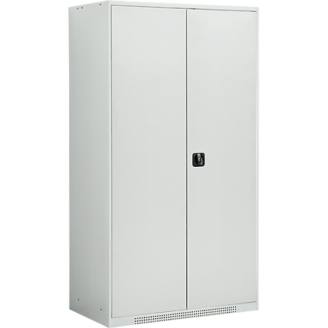 Armoire métallique grise avec deux portes et une poignée noire. Petits trous de ventilation en bas.