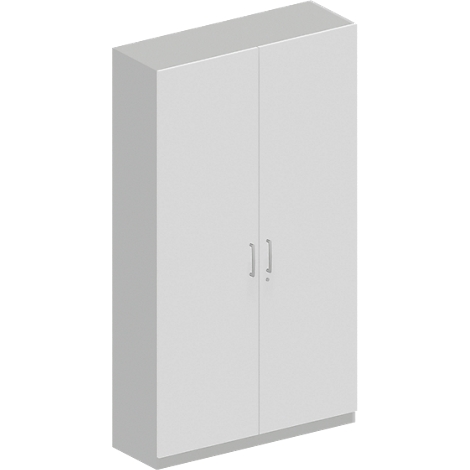 Armoire grise à deux portes et poignées argentées. Vue en perspective.