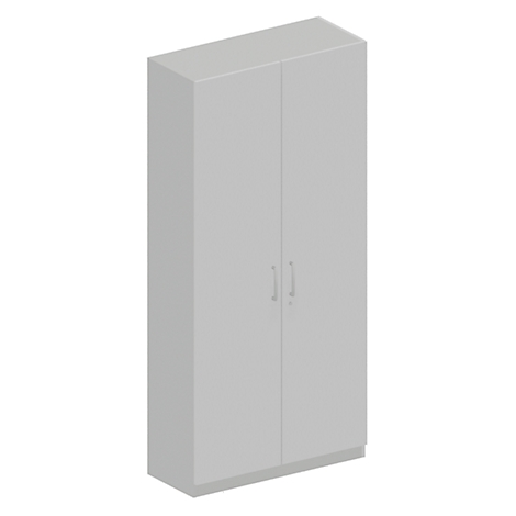 Armoire grise à deux portes et deux petites poignées.