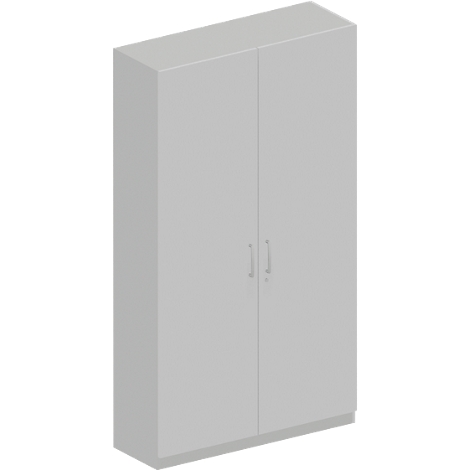 Armoire gris clair avec deux portes et des poignées.