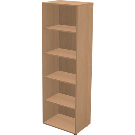Een hoge, bruine kast met vijf planken. De kast heeft een rechthoekige vorm.