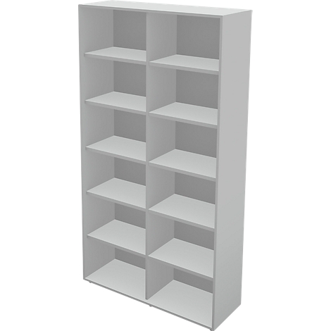 Een witte boekenkast met meerdere vakken en planken.