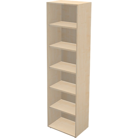 Een hoge, onbehandelde houten kast met zes planken.