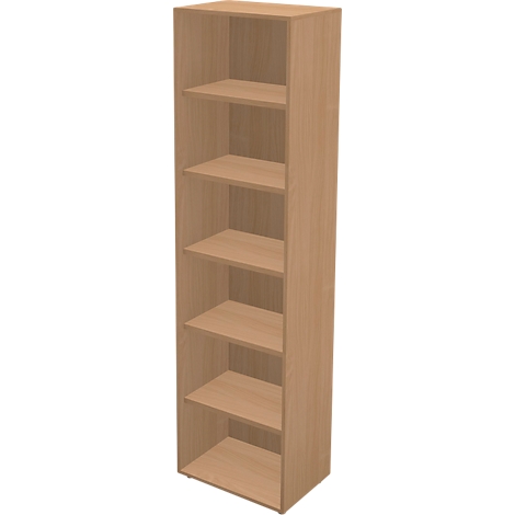 Hoge, bruine plank met zes open compartimenten. Lichtbruin hout. De achtergrond is wit.