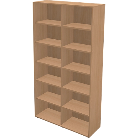 Een hoge, bruine boekenkast met acht compartimenten. Houtstructuur zichtbaar.