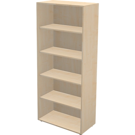 A light-colored bookshelf with five shelves. The wood has a light, natural color.