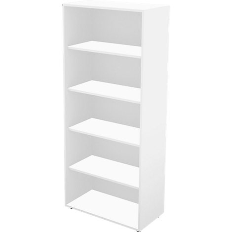 White bookshelf with five shelves. The edges are rounded.
