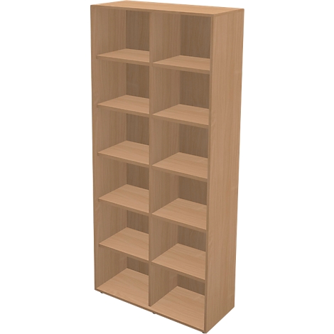 Tall, wood-colored bookcase with multiple compartments. Shelves are divided into small squares by vertical and horizontal boards.