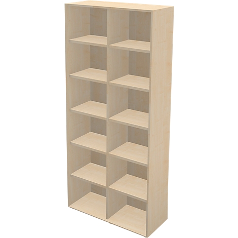 Light brown shelf with twelve compartments, without content. The wood has a light, natural color.